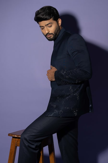 Yoseba Blue Polyester Embroidery Chid Bandhgala With Trouser at Aza Fashions Yoseba_Blue Polyester Embroidery Chid Bandhgala With Trouser _at_Aza_Fashions