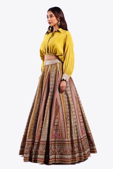 Buy_Onaya_Yellow Silk Sequins, Floral Geometric Pattern Lehenga With Draped Blouse _Online_at_Aza_Fashions