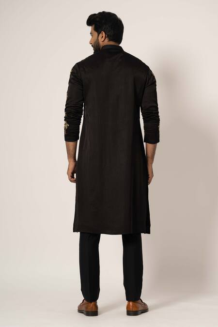 Shop_Yoseba_Black Linen, Satin, Maheshwari Embroidery Tropical Tree Kurta With Trouser _at_Aza_Fashions