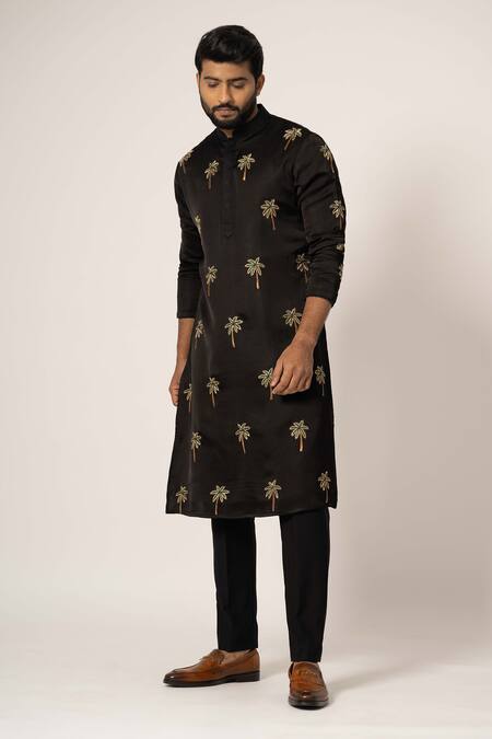 Yoseba_Black Linen, Satin, Maheshwari Embroidery Tropical Tree Kurta With Trouser _Online_at_Aza_Fashions