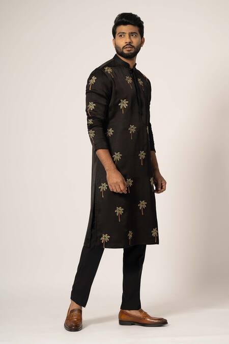 Buy_Yoseba_Black Linen, Satin, Maheshwari Embroidery Tropical Tree Kurta With Trouser _Online_at_Aza_Fashions