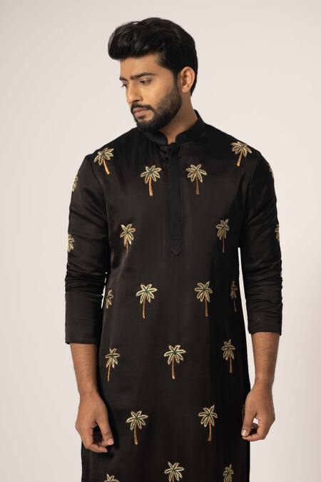 Shop_Yoseba_Black Linen, Satin, Maheshwari Embroidery Tropical Tree Kurta With Trouser _Online_at_Aza_Fashions