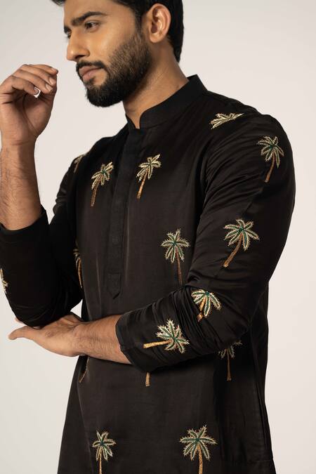 Yoseba_Black Linen, Satin, Maheshwari Embroidery Tropical Tree Kurta With Trouser _at_Aza_Fashions