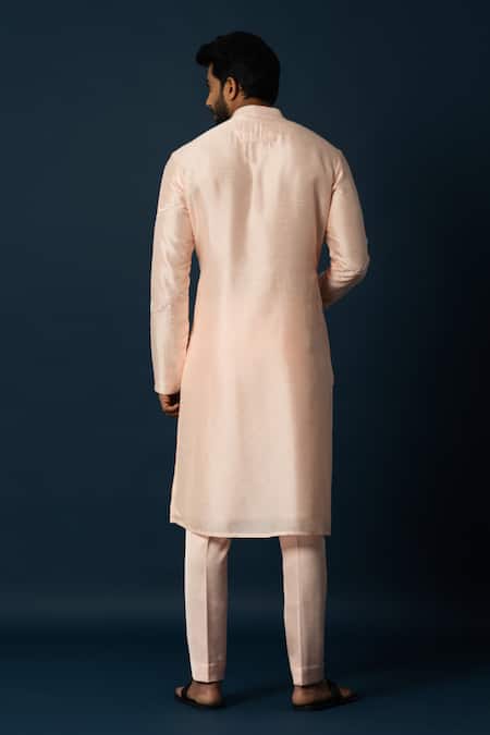 Shop_Yoseba_Peach Linen, Satin, Cotton Embroidery Wave Kurta With Pyjama _at_Aza_Fashions