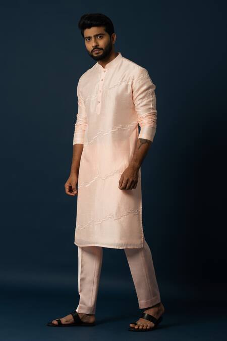 Yoseba_Peach Linen, Satin, Cotton Embroidery Wave Kurta With Pyjama _Online_at_Aza_Fashions