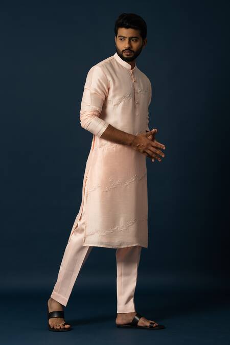 Buy_Yoseba_Peach Linen, Satin, Cotton Embroidery Wave Kurta With Pyjama _Online_at_Aza_Fashions