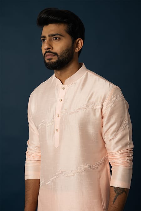 Shop_Yoseba_Peach Linen, Satin, Cotton Embroidery Wave Kurta With Pyjama _Online_at_Aza_Fashions
