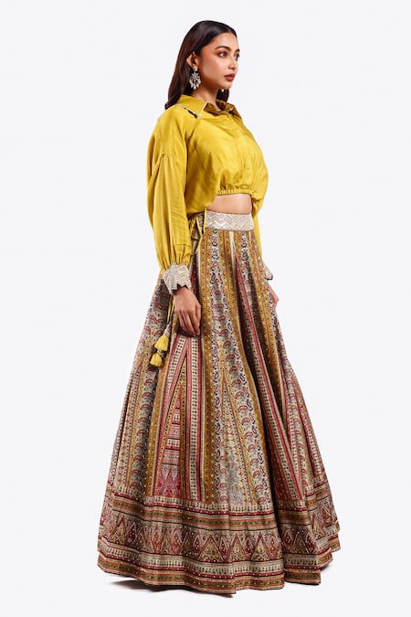 Shop_Onaya_Yellow Silk Sequins, Floral Geometric Pattern Lehenga With Draped Blouse _Online_at_Aza_Fashions