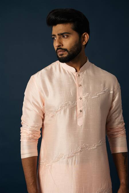 Yoseba_Peach Linen, Satin, Cotton Embroidery Wave Kurta With Pyjama _at_Aza_Fashions