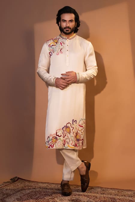 Shop_Yoseba_Ivory Linen, Satin, Cotton Embroidery Magical Mesh Kurta And Pant Set _at_Aza_Fashions