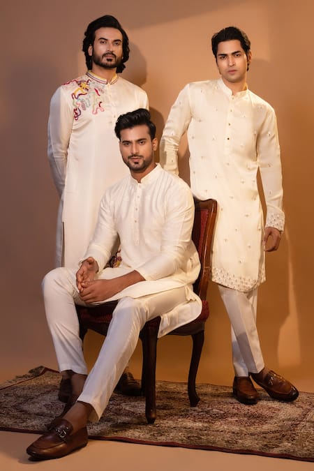 Yoseba_Ivory Linen, Satin, Cotton Embroidery Magical Mesh Kurta And Pant Set _Online_at_Aza_Fashions