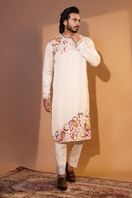 Buy_Yoseba_Ivory Linen, Satin, Cotton Embroidery Magical Mesh Kurta And Pant Set _Online_at_Aza_Fashions