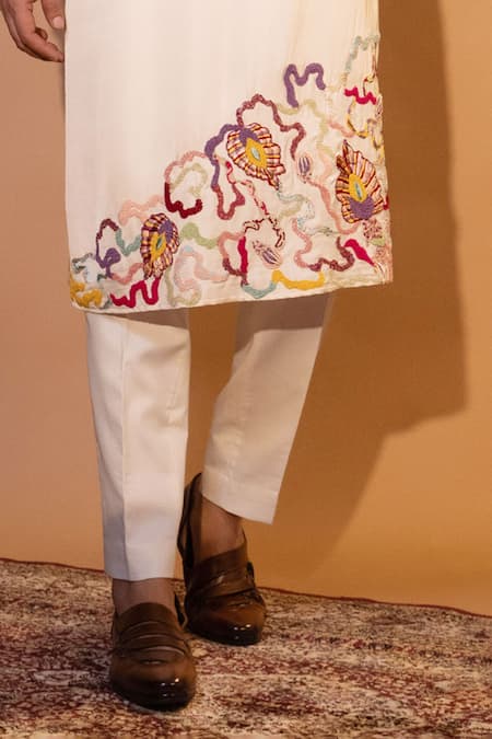 Shop_Yoseba_Ivory Linen, Satin, Cotton Embroidery Magical Mesh Kurta And Pant Set _Online_at_Aza_Fashions