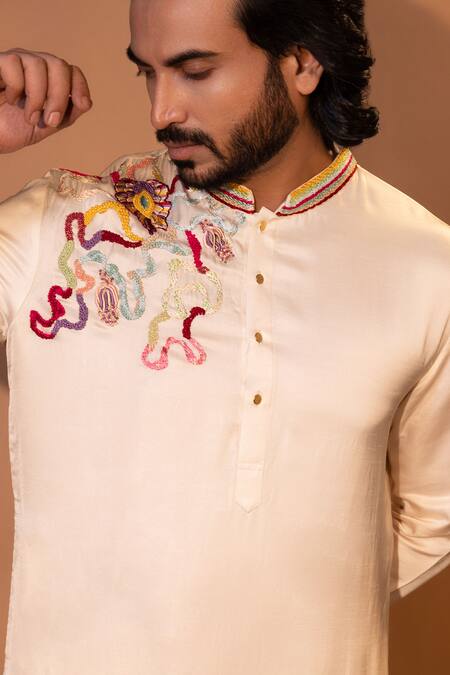 Yoseba_Ivory Linen, Satin, Cotton Embroidery Magical Mesh Kurta And Pant Set _at_Aza_Fashions