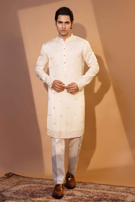 YOSEBA Ivory Kurta Linen Satin Embroidered French Knot Shvet Resham And Pant Set 