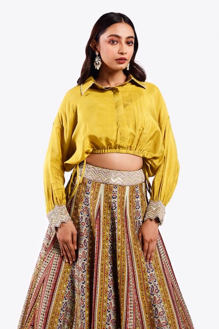 Onaya_Yellow Silk Sequins, Floral Geometric Pattern Lehenga With Draped Blouse _at_Aza_Fashions