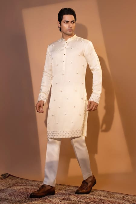 Shop Yoseba Ivory Linen, Satin, Cotton Embroidery Shvet French Knot Resham Kurta And Pant Set Online at Aza Fashions Shop_Yoseba_Ivory Linen, Satin, Cotton Embroidery Shvet French Knot Resham Kurta And Pant Set _Online_at_Aza_Fashions