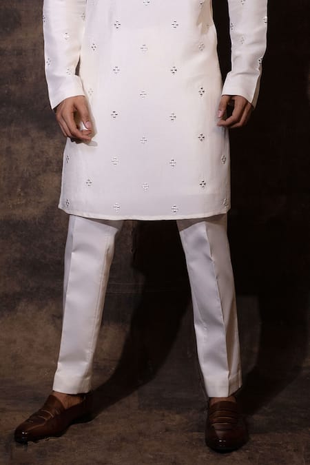 Buy_Yoseba_Ivory Bamboo, Cotton Mirrors Aaina Embroidered Kurta And Pant Set _Online_at_Aza_Fashions