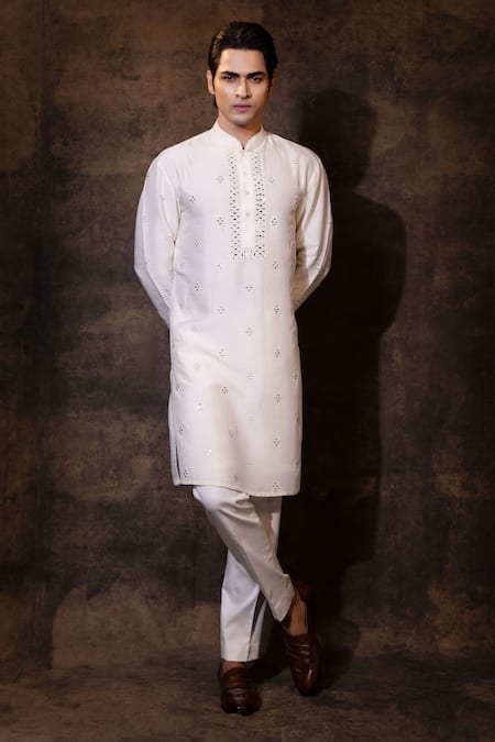 Shop_Yoseba_Ivory Bamboo, Cotton Mirrors Aaina Embroidered Kurta And Pant Set _Online_at_Aza_Fashions