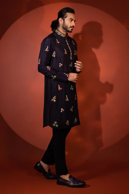 Yoseba_Blue Bamboo, Cotton Embroidery Jaalini Foliage Motif Kurta And Pant Set _Online_at_Aza_Fashions