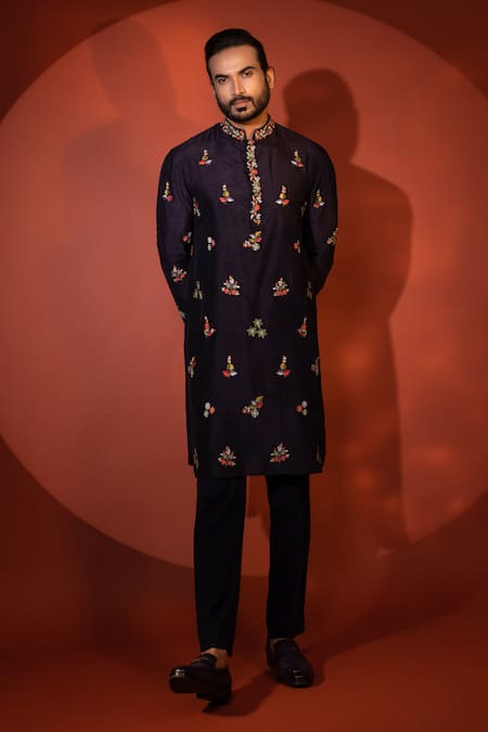 Shop_Yoseba_Blue Bamboo, Cotton Embroidery Jaalini Foliage Motif Kurta And Pant Set _Online_at_Aza_Fashions