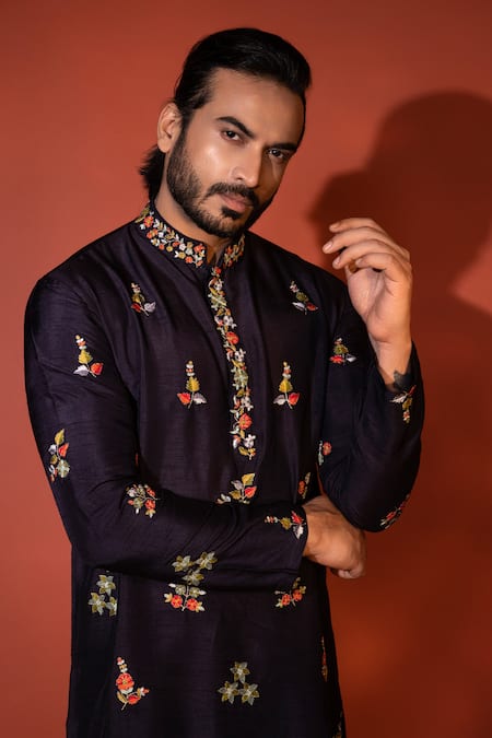 Yoseba_Blue Bamboo, Cotton Embroidery Jaalini Foliage Motif Kurta And Pant Set _at_Aza_Fashions