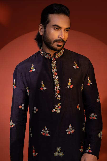 Buy_Yoseba_Blue Bamboo, Cotton Embroidery Jaalini Foliage Motif Kurta And Pant Set 