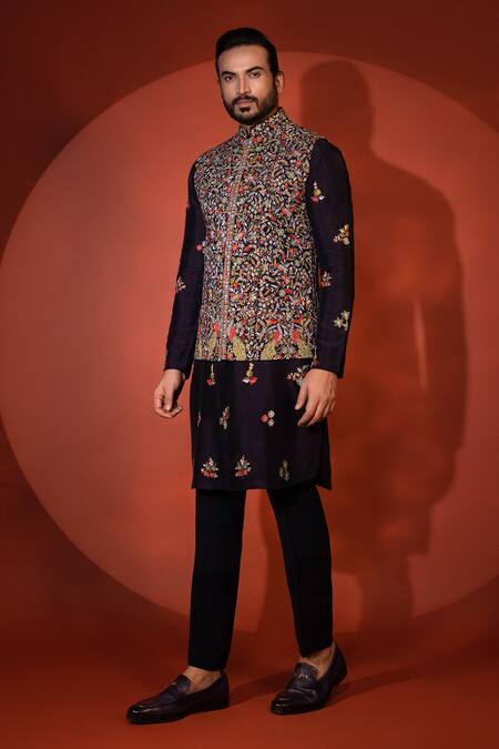 Buy Yoseba Blue Bamboo, Cotton Embroidery Foliage Motif Bundi Kurta Set Online at Aza Fashions Buy_Yoseba_Blue Bamboo, Cotton Embroidery Foliage Motif Bundi Kurta Set _Online_at_Aza_Fashions