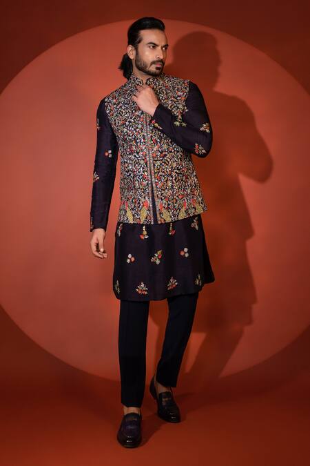 Shop Yoseba Blue Bamboo, Cotton Embroidery Foliage Motif Bundi Kurta Set Online at Aza Fashions Shop_Yoseba_Blue Bamboo, Cotton Embroidery Foliage Motif Bundi Kurta Set _Online_at_Aza_Fashions