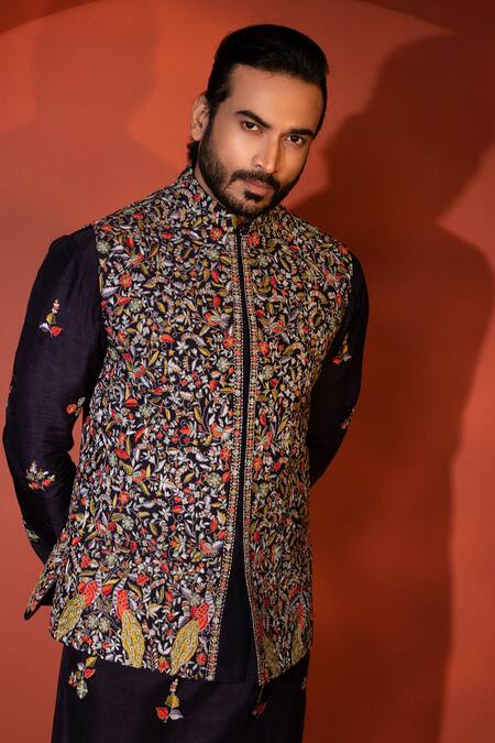 Yoseba Blue Bamboo, Cotton Embroidery Foliage Motif Bundi Kurta Set at Aza Fashions Yoseba_Blue Bamboo, Cotton Embroidery Foliage Motif Bundi Kurta Set _at_Aza_Fashions