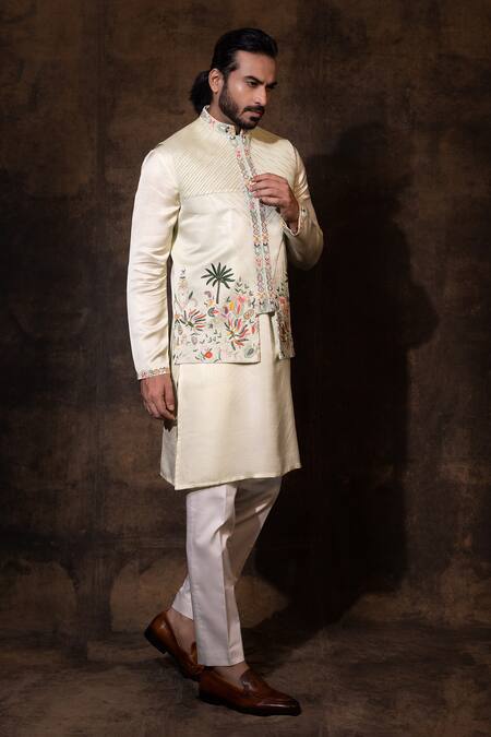Yoseba_Green Linen, Satin, Cotton Embroidery Palm Bundi Kurta Set _Online_at_Aza_Fashions