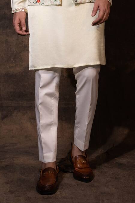 Buy_Yoseba_Green Linen, Satin, Cotton Embroidery Palm Bundi Kurta Set _Online_at_Aza_Fashions