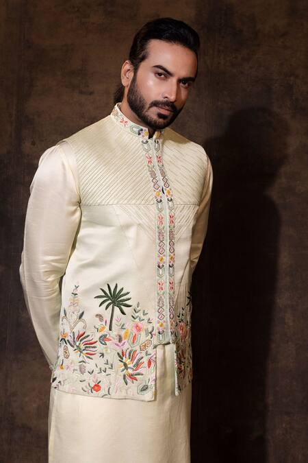 Yoseba_Green Linen, Satin, Cotton Embroidery Palm Bundi Kurta Set _at_Aza_Fashions
