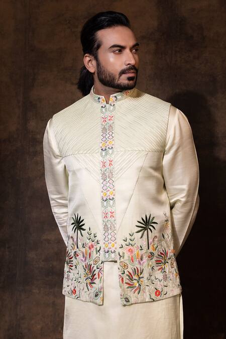 Buy_Yoseba_Green Linen, Satin, Cotton Embroidery Palm Bundi Kurta Set 