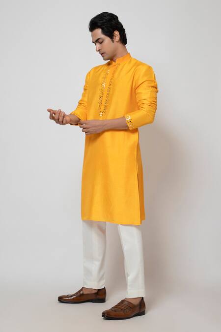 Shop Yoseba Yellow Bamboo, Cotton Embroidery Aamras Placket Kurta And Pant Set Online at Aza Fashions Shop_Yoseba_Yellow Bamboo, Cotton Embroidery Aamras Placket Kurta And Pant Set _Online_at_Aza_Fashions