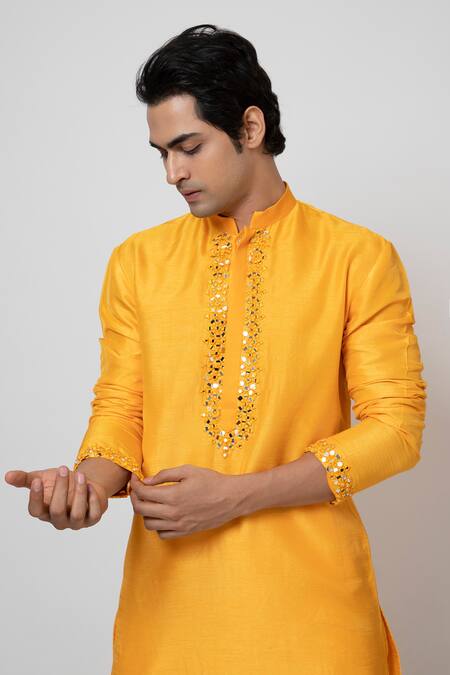 Yoseba Yellow Bamboo, Cotton Embroidery Aamras Placket Kurta And Pant Set at Aza Fashions Yoseba_Yellow Bamboo, Cotton Embroidery Aamras Placket Kurta And Pant Set _at_Aza_Fashions