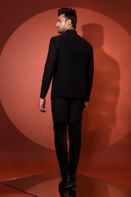 Shop Yoseba Black Cut Work, Embroidery Asymmetrical Bandhgala And Pant Set at Aza Fashions Shop_Yoseba_Black Cut Work, Embroidery Asymmetrical Bandhgala And Pant Set _at_Aza_Fashions