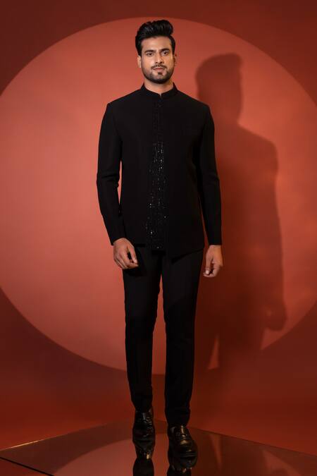 Buy Yoseba Black Cut Work, Embroidery Asymmetrical Bandhgala And Pant Set Online at Aza Fashions Buy_Yoseba_Black Cut Work, Embroidery Asymmetrical Bandhgala And Pant Set _Online_at_Aza_Fashions