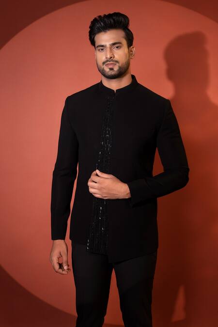 Shop Yoseba Black Cut Work, Embroidery Asymmetrical Bandhgala And Pant Set Online at Aza Fashions Shop_Yoseba_Black Cut Work, Embroidery Asymmetrical Bandhgala And Pant Set _Online_at_Aza_Fashions