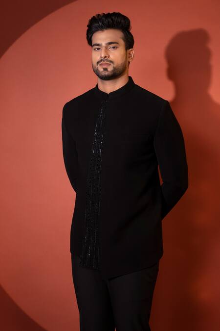 Yoseba Black Cut Work, Embroidery Asymmetrical Bandhgala And Pant Set at Aza Fashions Yoseba_Black Cut Work, Embroidery Asymmetrical Bandhgala And Pant Set _at_Aza_Fashions