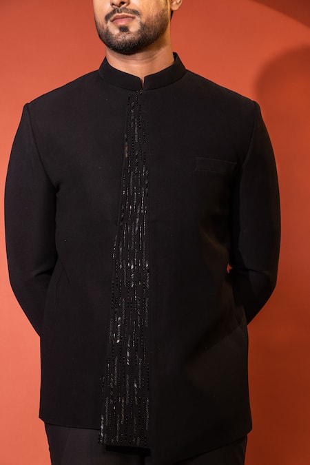 Buy Yoseba Black Cut Work, Embroidery Asymmetrical Bandhgala And Pant Set Buy_Yoseba_Black Cut Work, Embroidery Asymmetrical Bandhgala And Pant Set