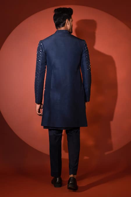 Shop Yoseba Blue Bamboo, Cotton Cut Work Zig Zag Pattern Embroidered Achkan Set at Aza Fashions Shop_Yoseba_Blue Bamboo, Cotton Cut Work Zig Zag Pattern Embroidered Achkan Set _at_Aza_Fashions