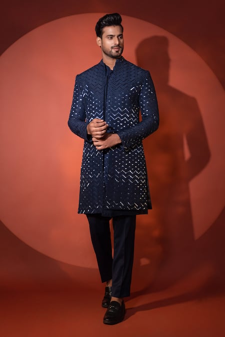 Buy Yoseba Blue Bamboo, Cotton Cut Work Zig Zag Pattern Embroidered Achkan Set Online at Aza Fashions Buy_Yoseba_Blue Bamboo, Cotton Cut Work Zig Zag Pattern Embroidered Achkan Set _Online_at_Aza_Fashions