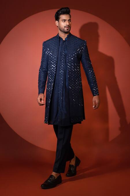 Shop Yoseba Blue Bamboo, Cotton Cut Work Zig Zag Pattern Embroidered Achkan Set Online at Aza Fashions Shop_Yoseba_Blue Bamboo, Cotton Cut Work Zig Zag Pattern Embroidered Achkan Set _Online_at_Aza_Fashions