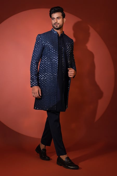 Yoseba Blue Bamboo, Cotton Cut Work Zig Zag Pattern Embroidered Achkan Set at Aza Fashions Yoseba_Blue Bamboo, Cotton Cut Work Zig Zag Pattern Embroidered Achkan Set _at_Aza_Fashions