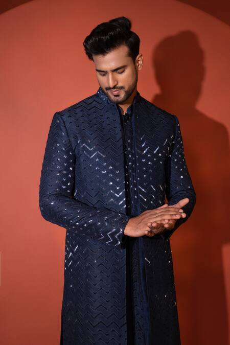 Buy Yoseba Blue Bamboo, Cotton Cut Work Zig Zag Pattern Embroidered Achkan Set Buy_Yoseba_Blue Bamboo, Cotton Cut Work Zig Zag Pattern Embroidered Achkan Set