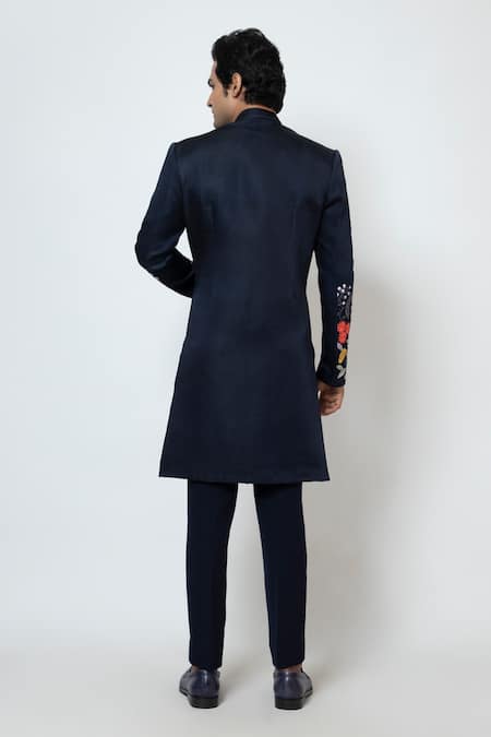 Shop_Yoseba_Blue Linen, Cotton Embroidery Floral Cutdana And Chid Achkan Set _at_Aza_Fashions