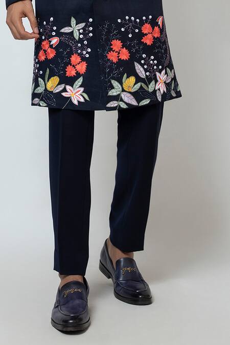 Yoseba_Blue Linen, Cotton Embroidery Floral Cutdana And Chid Achkan Set _Online_at_Aza_Fashions