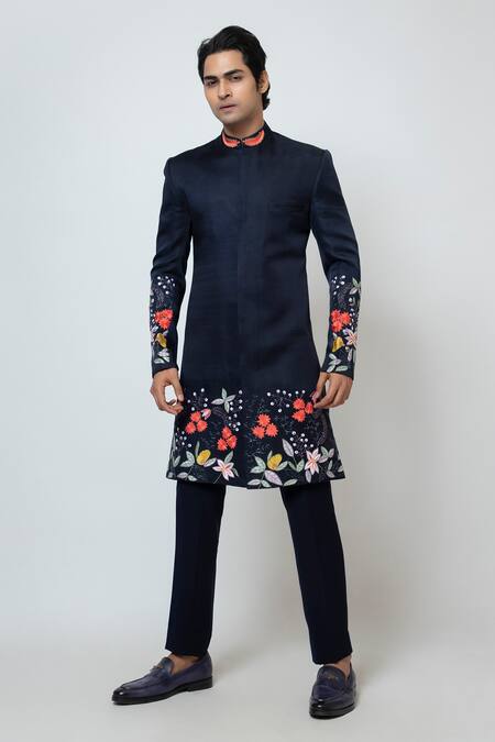 Buy_Yoseba_Blue Linen, Cotton Embroidery Floral Cutdana And Chid Achkan Set _Online_at_Aza_Fashions