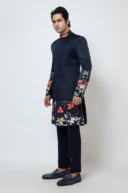 Shop_Yoseba_Blue Linen, Cotton Embroidery Floral Cutdana And Chid Achkan Set _Online_at_Aza_Fashions